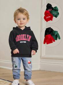 SHEIN 3pcs Toddler Boys' Stylish Long Sleeve Hooded Sweatshirt, Black, Green, Red Color Options, Letter Print Decor Fall Winter - Multicolor - View 1