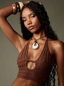 MISSGUIDED 钩针针织露背短款上衣节日波西米亚风系带文胸无袖夏季海滩针织品手工设计 - 棕色 - 查看 4