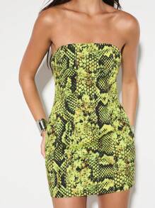 KIZN 蛇纹印花抹胸迷你连衣裙霓虹灯个性派对俱乐部之夜夏季节日紧身修身无肩带设计 - 綠色 - 查看 4