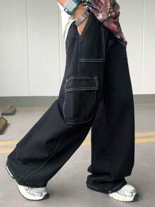 SHEIN 青少年男孩时尚休闲 Y2K 复古酷炫口袋和撞色缝线设计黑色牛仔宽松工装裤，适合儿童日常穿着，也适合夏季和秋季锐舞音乐节、海滩和街头风格穿着。 - 黑色 - 查看 5
