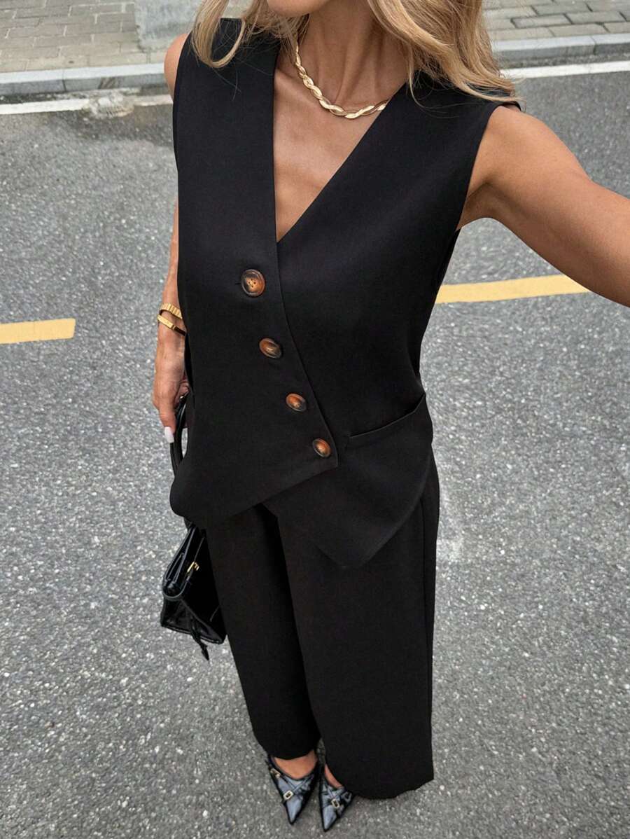 Siren Gaze Conjunto de traje de negocios casuales para mujer, atuendo de oficina, atuendo familiar, conjunto de traje de negocios casuales para mujer, atuendo de oficina para mujer, conjunto de traje cruzado de solapa única sin mangas para mujer, traje de oficina para ir y venir en otoño/invierno