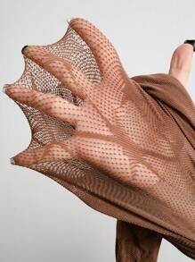 ROMWE Grunge Punk 1 双复古不对称星星和花朵镂空渔网袜，独特设计灰色连裤袜，超薄弹性透视紧身裤 - 棕色 - 查看 6