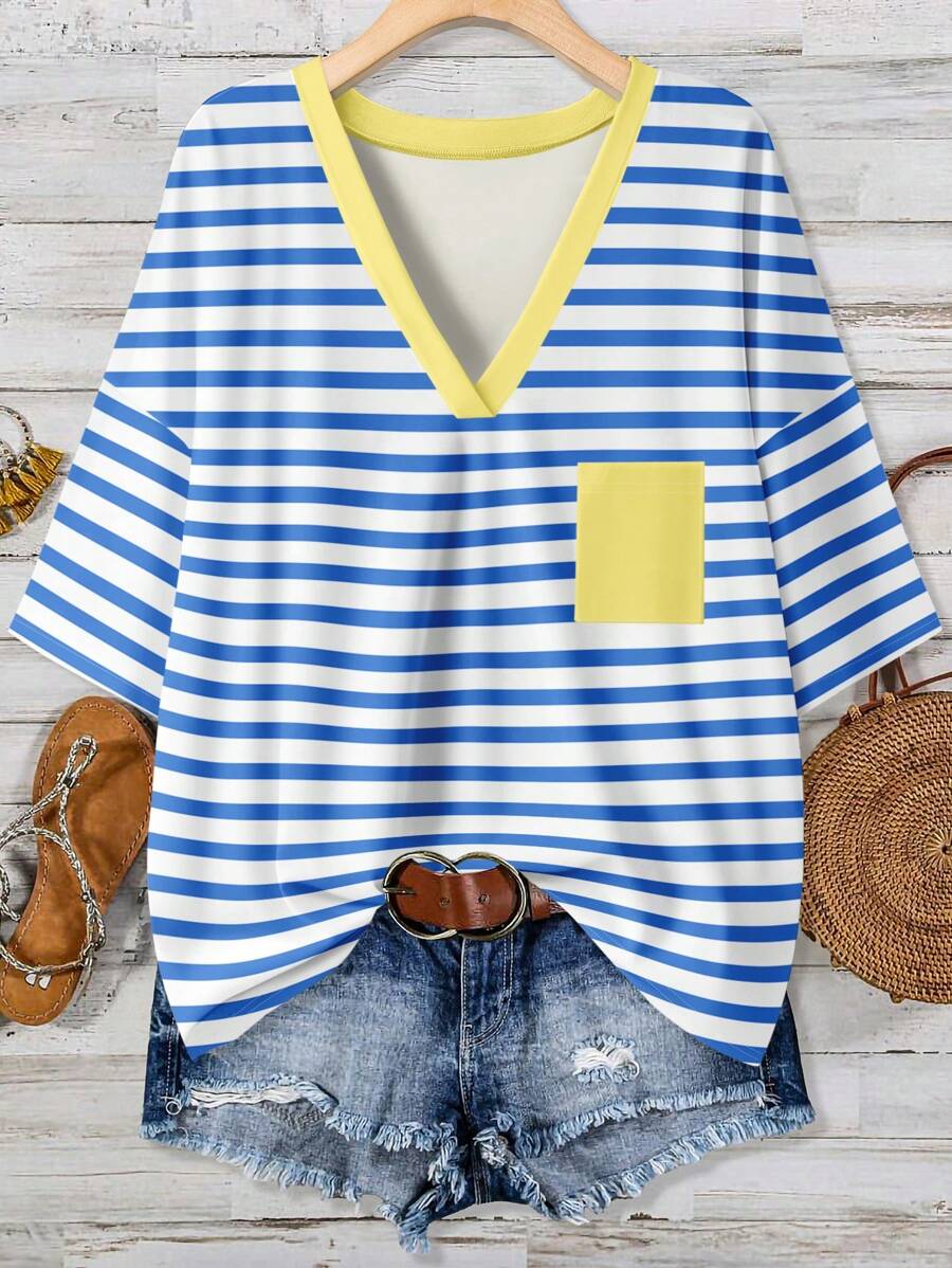 EMERY ROSE Casual Minimalist Blue & Yellow Striped Print Plus Size T-Shirt, Suitable For Summer Beach Resort Suitable For Going Out - Multicolor - View 1
