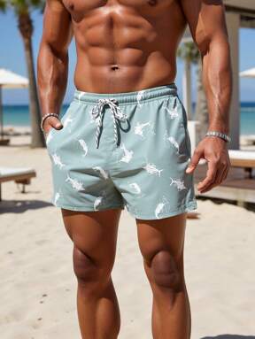 Manfinity Swimmode شورت شاطئ ذو خصر بحبال كشيدة بطبعة سمك للرجال