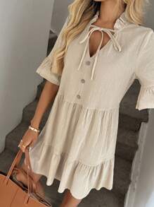 Easowa Women's Cotton Ruched Collar Ribbon Tie V Neck Multi Tier Ruffle Hem Splice Dress, Breathable & Soft