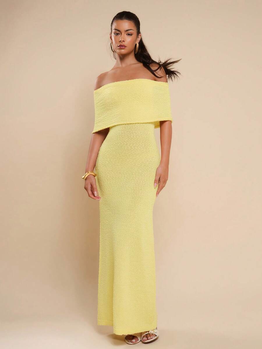 COSMINA 1pc Women's Elegant Solid Color Off-Shoulder Maxi Knit Dress Fall Dresses - Yellow - View 1