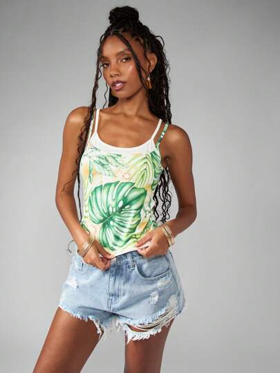 MISSGUIDED Tropical Floral Double Layer Cami Top Summer Vacation Hawaiian Paradise Monstera Leaf Print Spaghetti Strap Beach Resort Island Wear
