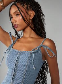 MISSGUIDED 牛仔紧身胸衣上衣紧身胸衣条纹图案夏季节日 Y2K 钩眼前系带肩休闲俱乐部派对 - 藍白色 - 查看 6