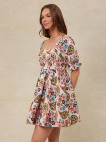 WESTFADE Spring Floral Tapestry Patterned Jacquard Square Neck Smocked Back Short Puff Sleeve Mini Dress Cowgirl Outfit - Multicolor - View 4