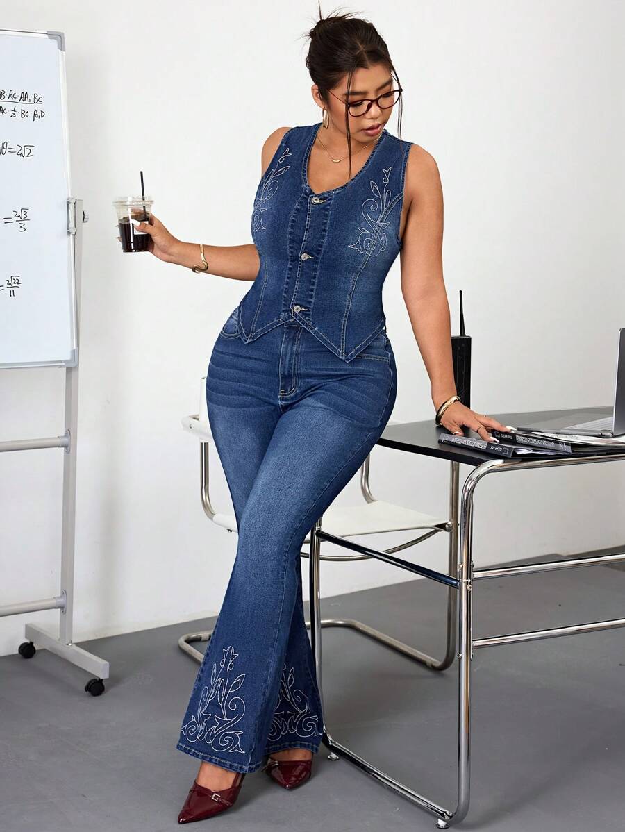 SHEIN ICON 时尚休闲刺绣水洗弹力无袖夹克