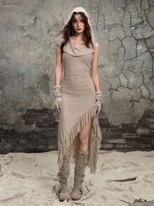 ROMWE Grunge Punk 修身女式长裙，带连帽网眼，不对称下摆，后世界末日荒原风格 - 杏色 - 查看 1