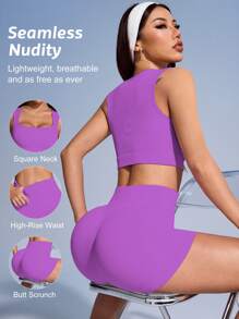 Easithlete Conjunto de top de tirantes deportivo y shorts de unicolor acanalado para mujer, conjunto de ropa deportiva para mujer - Morado - Ver 2