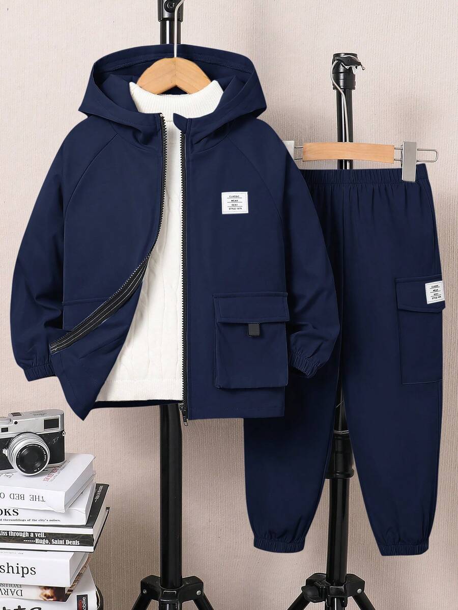 SHEIN 2 件套休闲男童服装:带口袋的连帽夹克,纯色松紧腰裤,适合户外、学校、日常聚会、秋冬 - 藏蓝色 - 查看 1