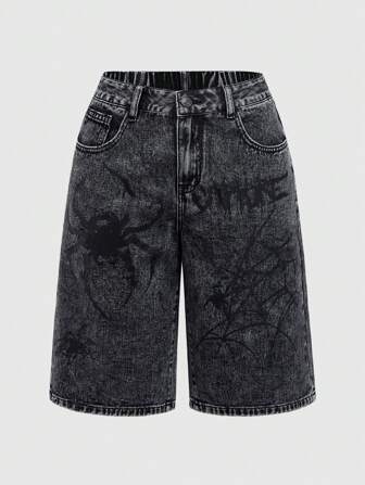 Goth Große Größen Denim Shorts mit Spinnen- und Buchstaben-Muster mit Tasche, Lässig