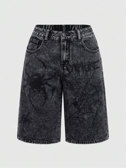 Goth Shorts di jeans casual con stampa di ragno e lettera, taglie comode