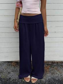 SHEIN EZwear Women's Casual Navy Blue Wide Leg High Waist Trousers - Navy Blue - View 5