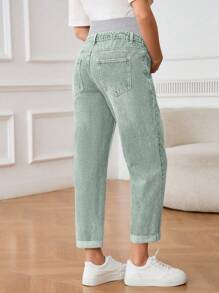 SHEIN Jeans lavados de cintura alta con bloqueo de color, corte relajado, para maternidad - Verde militar - Ver 2