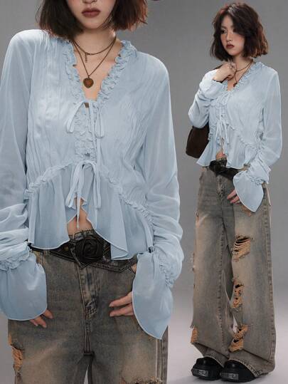 Coolane Women's Spring/Summer Date Night Concert Streetwear Textured Pleated Ruffle Blouses