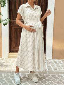 SHEIN 孕妇夏季条纹蝙蝠袖休闲衬衫裙