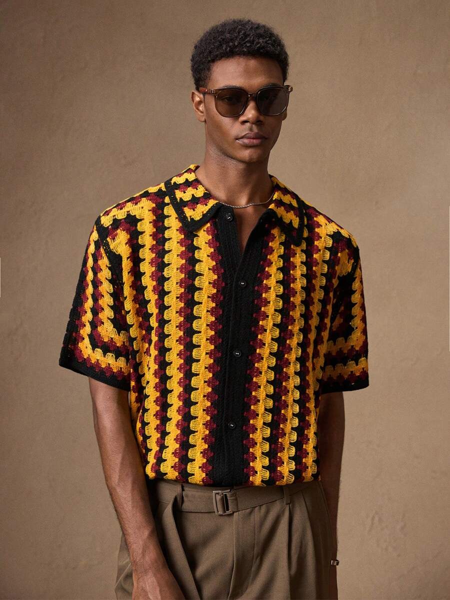 AKNOTIC Men's Yellow & Black Zigzag Knit Cardigan, Fitted Short Sleeve Casual Open Front Fall Sweater, Suitable For Casual, Spring/Summer, Vacation, Party, Couples Matching - Yellow - View 1