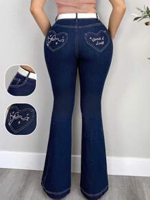 EgrlEra 心形口袋粉色英式刺绣复古水洗喇叭牛仔裤 - 深色水洗藍 - 查看 1