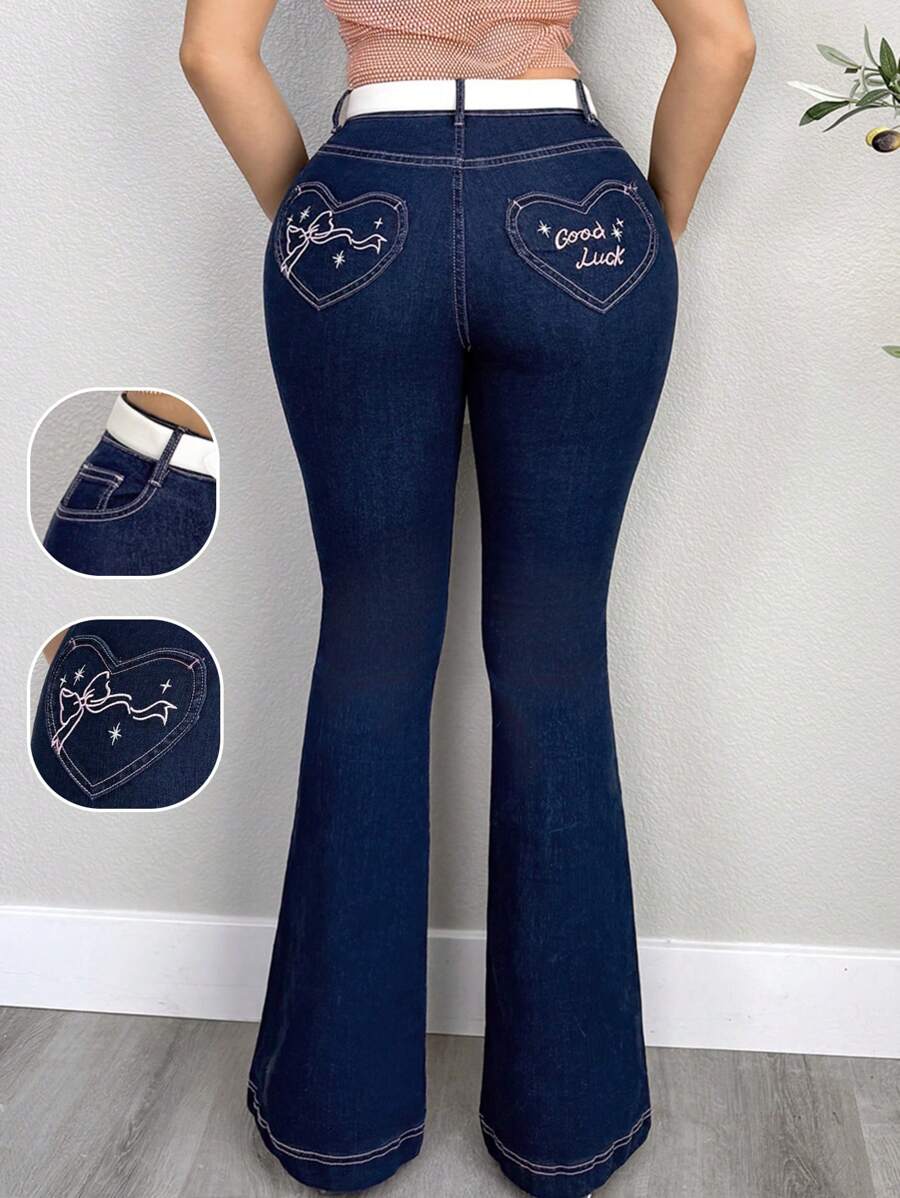 EgrlEra 心形口袋粉色英式刺绣复古水洗喇叭牛仔裤 - 深色水洗藍 - 查看 1