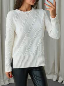 EURMUSE Women Solid Round Neck Split Hem Knit Sweater,Jumper,Cream Jumper,Jumpers,Black Jumper,Womens Jumper,White Jumper,Women's Jumper,Women's Jumpers,Winter Clothes - Cream - View 3