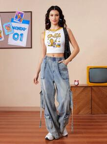 GARFIELD | SHEIN Áo ba lỗ cổ tròn bó sát họa tiết hoạt hình màu tương phản cho nữ, mùa hè - trắng - Xem 6