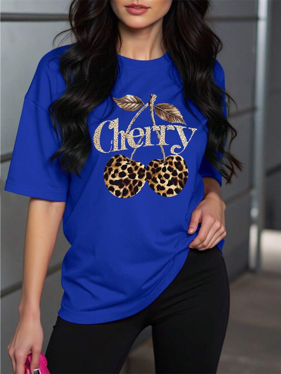 INAWLY Women Leopard & Cherry Print Loose Drop Shoulder Round Neck T-Shirt - Blue - View 1