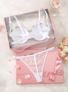SHEIN 2 Pcs Lace Embroidered Women Sexy Bra Set With Underwire - White - View 2