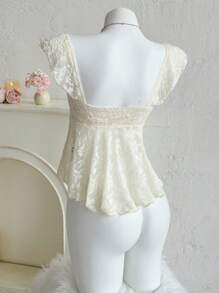 Sweetina Lace Boho Style Top, Vacation Casual, Asymmetric Hem & Cap Sleeve 4th Of July Women Cute Summer Tops Going Out Tops - White - View 2