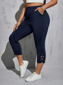 SHEIN Essnce Plus Size Women Spring And Summer Fashion Casual Comfortable High Elastic Basic Daily Elastic Waist Versatile Slim Black Tights Seven-Point Pants Leggings, Minimalist Style,Women Bottom,Work Pants,Capri Pants,Going Out,Teacher,Airport,European Summer,Cut Out Pants - Navy Blue - View 8