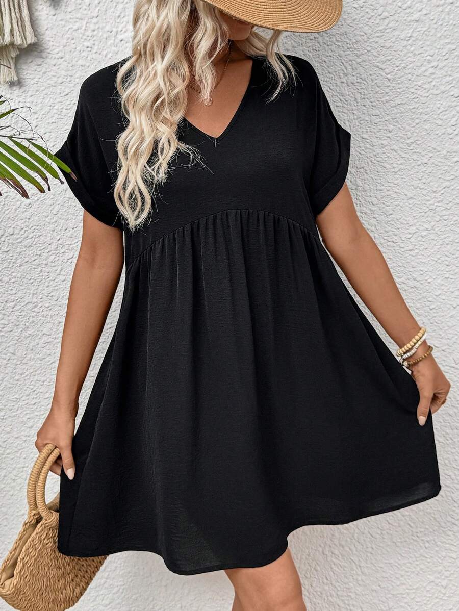 SHEIN LUNE Women's Solid V-Neck Batwing Sleeve Casual Pocket Summer Dress - Black - View 1
