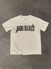 Manfinity EMRG 男士“GOD BLESS”字母图案印花T恤，圆领短袖T恤，街头设计，休闲装，适合情侣 - 卡其色 - 查看 6