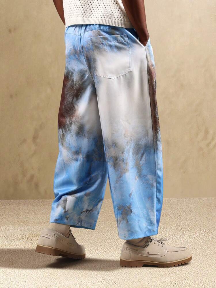 모던 배럴 컷 와이드 레그 팬츠 아티스틱 수채화 패턴