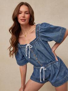 WESTFADE 方领系带前垂腰半袖宽松棉混纺牛仔连体衣乡村西部牛仔女装 - 中等水洗藍 - 查看 5