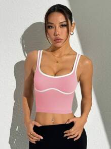 Easithlete Áo croptop thể thao nữ viền ren, kiểu dáng thường ngày. - Hồng - Xem 6