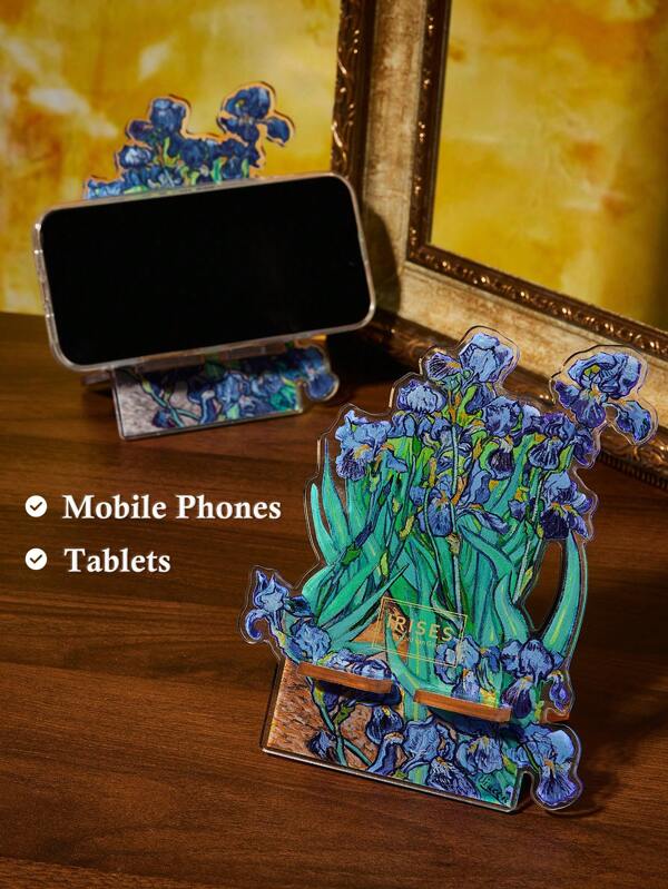 SHEIN Touch of Art IRISES Printed Acrylic Mobile Phone Holder, Tablet Holder, Desktop Decoration,Vincent Van Gogh