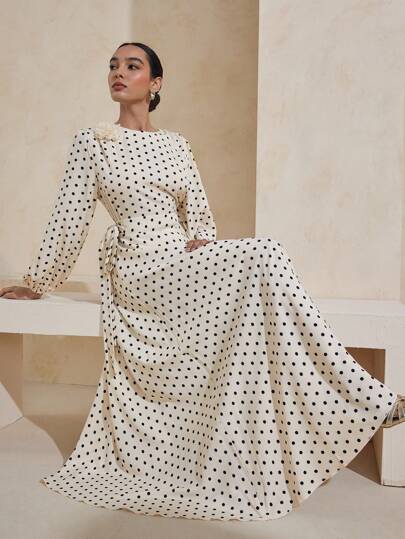 Graceveil Elastic Waist Tie-Up Polka Dot Floral 3D Decor Loose Sleeve Arabic Style Dress Modest Modest Polka Dot Dress