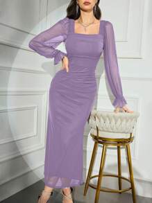 Modelyn 女式纯色网眼撞色长袖休闲连衣裙长款晚礼服 - 紫色 - 查看 3