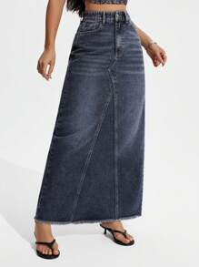SHEIN ICON Women's Long Straight Casual Denim Midi Skirt With Pockets, Versatile - Blue - View 6