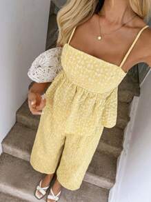 Easowa 黄色可爱碎花吊带背心和松紧腰裤两件套，夏季奶油黄柠檬连衣裙夏威夷服装女式欧洲夏季两件套夏季套装度假两件套 - 黃色 - 查看 3