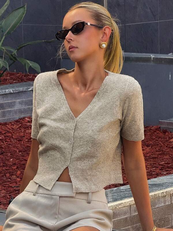 DAZY Solid V-Neck Short Sleeve Cropped Fitted Cardigan Top For Women,Back To School Clothes