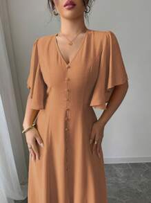 Elenzga Abito midi elegante da donna con scollo a V e vita in vita, maniche a campana, decorato con bottoni, ideale per casual, tè pomeridiano, feste, vacanze e pendolarismo, primavera/estate
