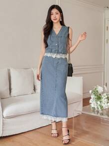 DAZY 2 件套女士夏季蕾丝拼接 V 领无袖开衫上衣和迷你裙，休闲度假风格牛仔套装 - 淺色水洗藍 - 查看 5