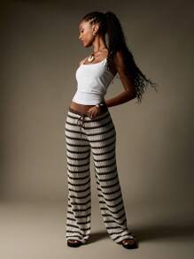 MISSGUIDED 钩针针织阔腿裤 阔腿裤 波西米亚风沙滩度假装 抽绳休闲裤 条纹度假针织衫