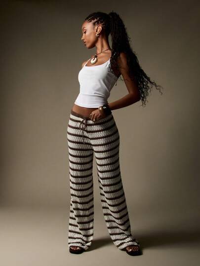 MISSGUIDED Crochet Knit Wide Leg Pants Palazzo Trousers Boho Beach Resort Wear Drawstring Lounge Bottoms Striped Holiday Knitwear