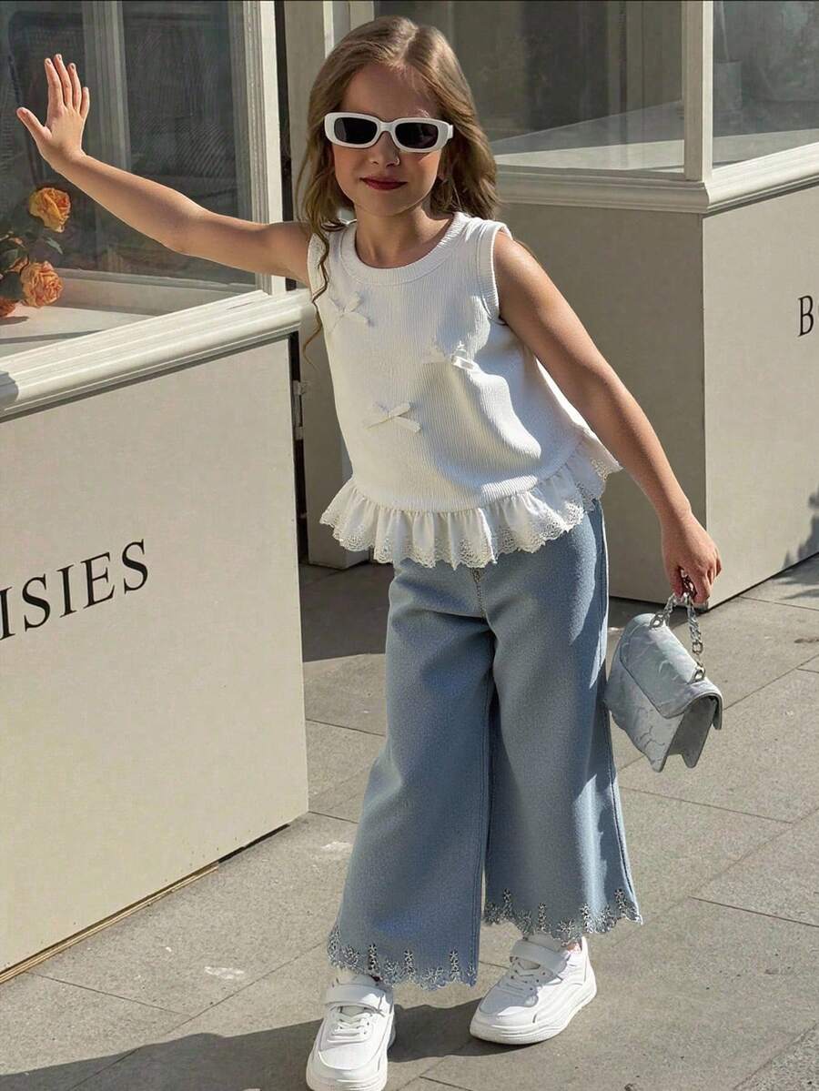 Elladie kids 2pcs/Set Girls Elegant Round Neck Sleeveless Tank Top With 3D Bow Accent + Embroidered Bell Bottom Jeans, Casual Fashion Outfit, Suitable For Holiday, Travel, Party, Birthday Gift, Summer