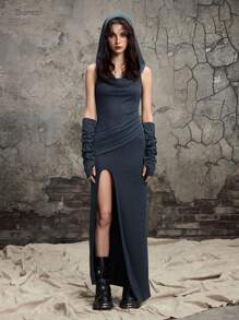 ROMWE Grunge Punk Summer Outfits For Women Vintage Ruffle Neck Hooded Pleated Side Slit Distressed Ribbed Fabric Women Dress - Black - View 4