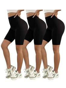 SHEIN SXY Plus Size Women's Spring&Summer Elegant Sexy Daily Basic 3-Pack Leggings,Including Black & Gray & Pink Color,Comfortable And Smooth For Yoga, Fitness And Cycling, And Everyday Wear,Going Out,Gym,Coquette,Easy To Match&Looks Slim,Accent Your Body,Flatter The Figure